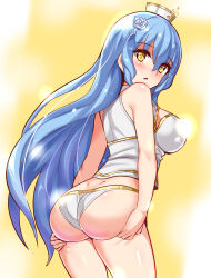 Rule 34 | 1girl, ass, ass focus, ass grab, ass support, bare shoulders, blue hair, blush, breasts, cougar (cougar1404), deep skin, from behind, hat, huge ass, long hair, looking at viewer, looking back, medium breasts, open mouth, original, sideboob, solo, very long hair, wedgie, yellow eyes