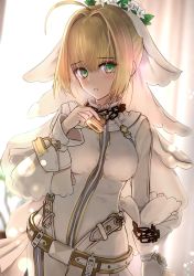 Rule 34 | 1girl, absurdres, aomaru (shta-chu-jisuiai), bell, belt, blonde hair, commentary request, fate (series), green eyes, hair intakes, highres, leaning, long sleeves, looking at viewer, neck bell, nero claudius (bride) (fate), nero claudius (fate), nero claudius (fate) (all), solo, veil