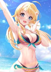 Rule 34 | 1girl, :d, ahoge, arm up, armpits, bikini, blonde hair, blue eyes, blue sky, blush, breasts, cleavage, cloud, collarbone, commentary request, day, flower, hachimiya meguru, hair flower, hair ornament, hand up, highres, horizon, idolmaster, idolmaster shiny colors, long hair, looking at viewer, low twintails, medium breasts, navel, ocean, open mouth, outdoors, sky, smile, solo, striped bikini, striped clothes, sutoroa, sweat, swimsuit, twintails, water, white flower
