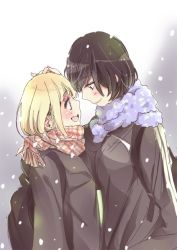 Rule 34 | 10s, 2girls, :d, asagao to kase-san, backpack, bag, blonde hair, blush, brown hair, coat, couple, hand on another&#039;s head, kase tomoka, looking at another, multiple girls, official art, open mouth, scarf, short hair, smile, snowing, takashima hiromi, winter clothes, winter coat, yamada yui, yuri