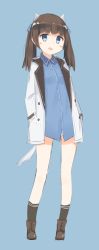 Rule 34 | 10s, 1girl, animal ears, ankle boots, blue background, blue eyes, blue ribbon, blush, boots, brave witches, brown hair, cat ears, cat tail, cross-laced footwear, dress shirt, full body, georgette lemare, hair ribbon, hands in pockets, highres, jacket, lace-up boots, long hair, long sleeves, looking at viewer, military, military uniform, open mouth, ribbon, seedflare, shirt, sleeves past wrists, smile, solo, strike witches, tail, twintails, uniform, white background, world witches series