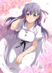 Rule 34 | 1girl, black ribbon, blush, breasts, cherry blossoms, collared dress, dress, fate/stay night, fate (series), hair between eyes, hair ribbon, hand in own hair, inue shinsuke, large breasts, long hair, looking at viewer, matou sakura, official alternate costume, parted lips, petals, purple eyes, purple hair, purple ribbon, ribbon, seiza, short sleeves, sitting, smile, solo, white dress