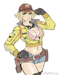 Rule 34 | 10s, 1girl, baseball cap, belt, bikini, bikini top only, blonde hair, bra, breasts, cidney aurum, cleavage, denim, dirty, dirty face, eyelashes, final fantasy, final fantasy xv, gloves, goggles, hand on own hip, hat, hat tip, holster, jacket, lips, long sleeves, midriff, navel, open clothes, open jacket, parted lips, pink bra, pink lips, pouch, samanator club, short shorts, shorts, stomach, swimsuit, thighhighs, thong, underwear, unzipped, utility belt