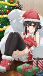 Rule 34 | 1girl, belt, black belt, black hair, black thighhighs, bloomers, blush, box, breasts, brown eyes, christmas ornaments, christmas present, christmas tree, cleavage, closed mouth, dress, elbow gloves, fate/kaleid liner prisma illya, fate (series), fur-trimmed dress, fur-trimmed footwear, fur-trimmed headwear, fur trim, game cg, gift, gift box, gloves, hair ornament, hairclip, hat, highres, looking at viewer, miyu edelfelt, official art, red dress, red footwear, red gloves, red hat, sack, santa costume, santa dress, santa hat, sidelocks, sitting, small breasts, smile, solo, thighhighs, thighs, third-party source, underwear, white bloomers