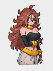Rule 34 | 1girl, android 21, blue eyes, breasts, cleavage, dragon ball, dragon ball fighterz, glasses, hair between eyes, kemachiku, long hair, looking at viewer, majin android 21, medium breasts, midriff, navel, red hair, solo