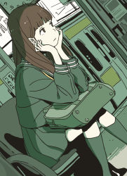Rule 34 | 1girl, arm support, bag, blunt bangs, brown eyes, brown hair, chair, closed mouth, copyright request, dutch angle, expressionless, feet out of frame, green theme, hands on own cheeks, hands on own face, highres, hosoo, kneehighs, long hair, long sleeves, medium skirt, outdoors, pale skin, sailor collar, school bag, school uniform, serafuku, shirt, sitting, skirt, socks, solo, train, train station