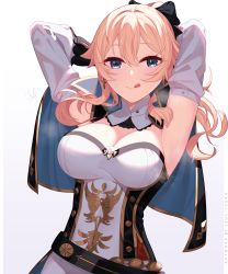 Rule 34 | 1girl, :p, absurdres, adjusting hair, armpits, arms up, bare shoulders, blue eyes, blush, bow, breasts, cleavage, cross, cross earrings, detached sleeves, earrings, genshin impact, hair bow, highres, izulizuru, jean (genshin impact), jewelry, large breasts, looking at viewer, ponytail, solo, sweat, tongue, tongue out