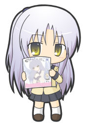 Rule 34 | 1girl, angel beats!, black skirt, blazer, blush, brown footwear, chibi, commentary request, covered mouth, full body, holding, jacket, kneehighs, long hair, long sleeves, looking at viewer, one side up, pleated skirt, ri-net, school uniform, silver hair, simple background, skirt, socks, solo, standing, tenshi (angel beats!), very long hair, white background, white socks, yellow eyes