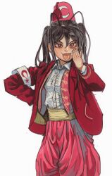 Rule 34 | 1girl, akanbe, armband, collared shirt, eyelid pull, fangs, fez hat, hand on own face, hand on own hip, highres, jacket, looking at viewer, mesugaki, mesuturk, mossacannibalis, original, pants, red eyes, red jacket, red pants, shirt, simple background, solo, symbol-shaped pupils, tongue, tongue out, traditional clothes, turkey (country), turkish clothes, turkish flag, twintails, white background, white shirt