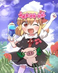 Rule 34 | 1girl, animal, arm up, black skirt, black vest, blonde hair, blush, collared shirt, cup, drink, drinking glass, drinking straw, feet out of frame, flower, frilled skirt, frills, hair between eyes, hair flower, hair ornament, hair ribbon, highres, holding, holding cup, one eye closed, open mouth, pig, pink flower, red eyes, red ribbon, ribbon, rokugou daisuke, rumia, shirt, short hair, short sleeves, signature, skirt, smile, solo, touhou, vest, white shirt