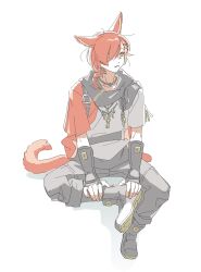Rule 34 | 1boy, :&lt;, animal ears, boots, braid, braided ponytail, brown pupils, cat boy, cat ears, cat tail, closed mouth, commentary, final fantasy, final fantasy xiv, fingerless gloves, full body, g&#039;raha tia, gloves, grey footwear, grey gloves, grey pants, grey scarf, grey shirt, highres, invisible chair, jewelry, long hair, looking at viewer, male focus, miqo&#039;te, necklace, pants, red eyes, red hair, robodumpling, scarf, shirt, simple background, sitting, slit pupils, symbol-only commentary, tail, white background