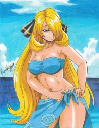 Rule 34 | 1girl, 2021, absurdres, adjusting clothes, adjusting swimsuit, beach, bikini, blonde hair, blue bikini, breasts, cosplay, creatures (company), cynthia (pokemon), game freak, grey eyes, hair over one eye, highres, large breasts, legs, long hair, looking at viewer, navel, nintendo, ocean, phoebe (pokemon), phoebe (pokemon) (cosplay), pokemon, pokemon dppt, pokemon rse, ravernclouk design, sarong, signature, smile, solo, swimsuit, thighs, traditional media, water