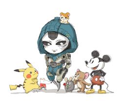 Rule 34 | 1girl, 2boys, 4 (4gtsn ), :3, android, animal, animal on head, apex legends, ash (titanfall 2), black eyes, black sclera, character request, chibi, closed mouth, colored sclera, creatures (company), crossover, disney, flower, game freak, gen 1 pokemon, hamster, hamtaro, hamtaro (series), hands on own hips, highres, holding, holding flower, jerry (tom and jerry), looking down, looking up, mickey mouse, mouse (animal), multiple boys, multiple crossover, nintendo, on head, open mouth, pikachu, pokemon, pokemon (creature), red shorts, shorts, simulacrum (titanfall), smile, stuart little, tom and jerry, twitter, username