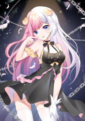 Rule 34 | 1girl, absurdres, armpits, bare shoulders, black dress, blue eyes, breasts, chain, choker, dress, fang, feathers, finger to mouth, gloves, gou lianlian dogface, hair ornament, hand up, highres, long hair, looking at viewer, medium breasts, multicolored hair, open mouth, original, parted lips, pink hair, sidelocks, single glove, skirt, solo, sparkle, thick eyebrows, white gloves, white hair