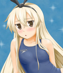Rule 34 | 10s, 1girl, blonde hair, brown eyes, competition swimsuit, hairband, kantai collection, long hair, one-piece swimsuit, personification, shimakaze (kancolle), speedo (company), swimsuit, tk4