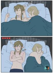 Rule 34 | 1boy, 1girl, 2koma, bare shoulders, bed, blanket, braid, closed mouth, cold, comic, crown braid, giganticbuddha, hair between eyes, heart, highres, link, lying, navel, nintendo, on back, pillow, pointy ears, princess zelda, sidelocks, sleeping, smile, teeth, the legend of zelda, the legend of zelda: tears of the kingdom, topless male, underwear, underwear only, zzz