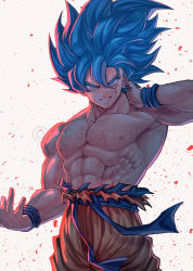 Rule 34 | 1boy, abs, arm up, biceps, blue eyes, blue hair, blue wristband, commentary request, dragon ball, dragon ball super, hair between eyes, looking at viewer, male focus, mattari illust, muscular, muscular male, nipples, non porn, sash, scar, serious, simple background, smile, smug, solo, son goku, spiked hair, super saiyan, super saiyan blue, topless male, torn clothes, twitter username, white background