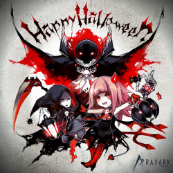 Rule 34 | 2girls, deemo, deemo (character), demon horns, demon tail, devil costume, girl (deemo), halloween, hood, horns, masked lady (deemo), multiple girls, outstretched arms, red eyes, scythe, siyouko, spread arms, tail
