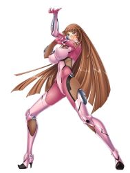 Rule 34 | 00s, 1girl, aoi nagisa (metalder), blue eyes, bodysuit, breasts, brown hair, covered erect nipples, female focus, fighting stance, full body, high heels, highres, hime cut, impossible clothes, koukawa asuka, large breasts, lilith-soft, long hair, looking at viewer, multiple views, ninja, no bra, open mouth, simple background, skin tight, smile, taimanin (series), taimanin asagi, thighhighs, very long hair, weapon, white background