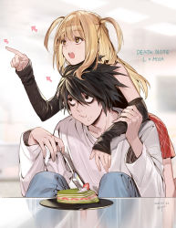 Rule 34 | 1boy, 1girl, amane misa, arrow (symbol), bags under eyes, black eyes, black hair, black shirt, blonde hair, brown eyes, cake, character name, copyright name, dated, death note, denim, desk, detached sleeves, eating hair, empew, food, fork, holding, holding fork, jeans, l (death note), long hair, open mouth, pants, pointing, red skirt, shirt, signature, sitting, skirt, t-hair, two side up, white shirt