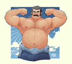 Rule 34 | 1boy, absurdres, alternate body hair, alternate pectoral size, arm hair, armpit hair, back hair, bara, biceps, big belly, bulge, chest hair, cropped legs, denim, double biceps pose, facial hair, flexing, gundam, hahasthund, hairy, hand hair, highres, jeans, knuckle hair, large pectorals, looking at viewer, male focus, mature male, mobile suit gundam the origin, muscular, muscular male, mustache, navel, navel hair, nipples, pants, pectorals, ramba ral, stomach, thick eyebrows, thick mustache, topless male