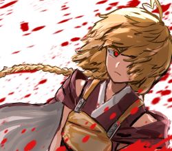 Rule 34 | 1other, ahoge, androgynous, armor, blonde hair, blood, blood spray, braid, breastplate, closed mouth, colored eyelashes, commentary request, frown, heart, heart ahoge, hemo (hemoroda), japanese clothes, kimono, len&#039;en, long hair, ooama no ake no mitori, red eyes, red kimono, simple background, sleeveless, sleeveless kimono, solo, twin braids, white background