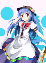 Rule 34 | 1girl, absurdres, blue hair, bow, colored shadow, food, fruit, hand in own hair, hat, highres, hinanawi tenshi, long hair, looking at viewer, minamina, peach, puffy sleeves, red eyes, shadow, short sleeves, simple background, skirt, smile, solo, sword of hisou, touhou, white background