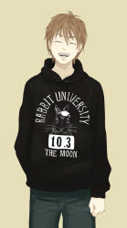 Rule 34 | 1boy, brown hair, closed eyes, college shirt, english text, facing viewer, hand in pocket, hood, hoodie, laughing, male focus, open mouth, original, pants, print shirt, rabbit, re:i, shirt, simple background, solo, tan background, whiskers