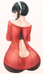 Rule 34 | 1girl, ass, back, back cutout, backless outfit, bare shoulders, black hair, black pantyhose, butt crack, clothing cutout, earrings, from behind, highres, jewelry, looking at viewer, looking back, pantyhose, red eyes, red sweater, sidelocks, sitting, solo, spy x family, sweater, yor briar, zah takara