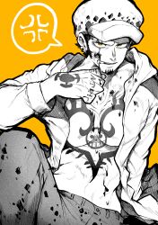 Rule 34 | 1boy, absurdres, black hair, chest tattoo, commentary request, earrings, facial hair, finger tattoo, fur hat, goatee, greyscale with colored background, hand tattoo, hat, highres, jewelry, male focus, monochrome, one piece, open clothes, open mouth, orange background, orange eyes, short hair, sideburns, solo, tattoo, teeth, trafalgar law, yotsumi shiro