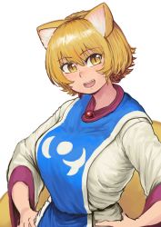 Rule 34 | 1girl, absurdres, animal ears, blonde hair, breasts, chanta (ayatakaoisii), fox ears, fox tail, hands on own hips, highres, large breasts, looking at viewer, open mouth, short hair, short sleeves, simple background, smile, solo, tabard, tail, touhou, white background, yakumo ran, yellow eyes