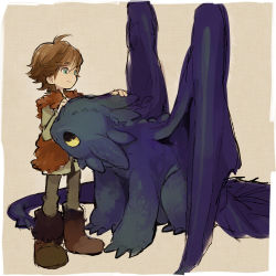 Rule 34 | 1boy, animification, blue eyes, boots, brown hair, dragon, dreamworks, hiccup horrendous haddock iii, how to train your dragon, male focus, smile, solo, soto, toothless