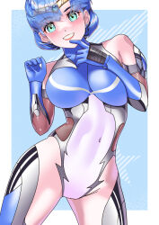 Rule 34 | absurdres, aqua eyes, arion canvas, bishoujo senshi sailor moon, blue hair, bodysuit, breasts, circlet, elbow gloves, gloves, highres, large breasts, leotard, looking at viewer, magical girl, mizuno ami, sailor mercury, short hair, skin tight, smile, swept bangs, taimanin (series), taimanin suit, thick thighs, thighhighs, thighs, wide hips