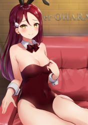 Rule 34 | 1girl, animal ears, black neckwear, blush, breasts, cleavage, closed mouth, collarbone, couch, covered navel, detached collar, fake animal ears, hair ornament, hairclip, highleg, highleg leotard, leotard, long hair, looking at viewer, love live!, love live! sunshine!!, medium breasts, mia (fai1510), playboy bunny, rabbit ears, red hair, red leotard, sakurauchi riko, sitting, smile, solo, strapless, strapless leotard, very long hair, wrist cuffs, yellow eyes