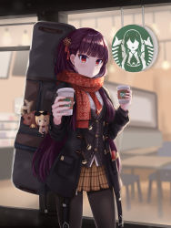 Rule 34 | 1girl, absurdres, black jacket, black pantyhose, brown skirt, checkered clothes, checkered skirt, closed mouth, coffee cup, cowboy shot, cup, disposable cup, doll, enpera, feet out of frame, girls&#039; frontline, gongbangmanchi (daisy cutter), hair ribbon, highres, holding, holding cup, jacket, long hair, looking at viewer, necktie, official alternate costume, open clothes, open jacket, pantyhose, pleated skirt, purple hair, red eyes, red necktie, red ribbon, red scarf, ribbon, scarf, shirt, simple background, skirt, snowflake print, solo, standing, vest, wa2000 (date in the snow) (girls&#039; frontline), wa2000 (girls&#039; frontline), weapon bag, white shirt
