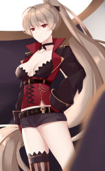 Rule 34 | 1girl, absurdly long hair, anchor symbol, asymmetrical legwear, azur lane, belt, black belt, black jacket, black shorts, blurry, blurry foreground, boots, breasts, brown hair, choker, cleavage, closed mouth, collarbone, cross-laced footwear, earrings, epaulettes, eternity (pixiv8012826), expressionless, gloves, hair between eyes, half gloves, hand on own hip, highres, indoors, jacket, jean bart (azur lane), jewelry, long hair, long sleeves, looking at viewer, medium breasts, ponytail, puffy long sleeves, puffy sleeves, red eyes, red gloves, short shorts, shorts, single thighhigh, skull, solo, striped clothes, striped thighhighs, thighhighs, thighs, uneven legwear, vertical-striped clothes, vertical-striped thighhighs, very long hair