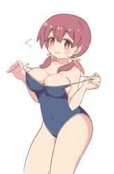 Rule 34 | 1girl, blue one-piece swimsuit, breasts, cleavage, clothes pull, competition school swimsuit, cowboy shot, flying sweatdrops, large breasts, low twintails, medium hair, murosaki miyo, one-piece swimsuit, one-piece swimsuit pull, onii-chan wa oshimai!, pon sugar, red eyes, red hair, school swimsuit, simple background, solo, swimsuit, twintails, white background