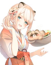 Rule 34 | 1girl, :d, animal ear fluff, animal ears, blonde hair, blue eyes, blush, commentary request, exiadoon, extra ears, eyes visible through hair, floating, floating object, food, from side, hair ribbon, highres, hololive, japanese clothes, kazama iroha, kimono, looking at viewer, looking to the side, open mouth, orange kimono, pokobee, pot, ribbon, short hair, simple background, smile, solo, tanuki, teeth, upper body, upper teeth only, virtual youtuber, white background
