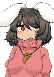 Rule 34 | 1girl, animal ears, black hair, blush, breasts, carrot necklace, closed mouth, commentary request, expressionless, eyes visible through hair, floppy ears, fur collar, hair between eyes, hair over one eye, highres, inaba tewi, jewelry, kurodani yamame, looking to the side, medium breasts, necklace, pink shirt, rabbit ears, rabbit girl, red eyes, rinyamame, shirt, short hair, simple background, solo, touhou, upper body, white background