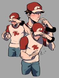 Rule 34 | 1boy, bad id, bad twitter id, baseball cap, blush, brown eyes, brown hair, clothes writing, creatures (company), denim, embarrassed, flying sweatdrops, game freak, grey background, hat, highres, jeans, kendy (revolocities), male focus, matching hair/eyes, multiple views, muscular, nintendo, pants, pokemon, pokemon sm, raglan sleeves, red (pokemon), red (pokemon sm), shirt, simple background, t-shirt