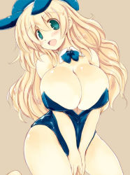Rule 34 | 10s, 1girl, :d, animal ears, aqua eyes, atago (kancolle), bare shoulders, barefoot, beige background, beret, between thighs, blonde hair, blue bow, blue hat, blush, bow, bowtie, breasts, cleavage, fake animal ears, hat, head tilt, huge breasts, kantai collection, leotard, long hair, looking at viewer, open mouth, playboy bunny, rabbit ears, sakaki (noi-gren), simple background, smile, solo, very long hair