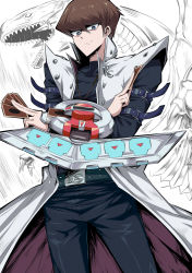 Rule 34 | 1boy, arm belt, belt, belt buckle, black pants, blue-eyes white dragon, blue eyes, brown hair, buckle, card, closed mouth, commentary request, cowboy shot, crossed arms, duel disk, duel monster, hair between eyes, highres, holding, holding card, jewelry, kaiba seto, long sleeves, looking down, male focus, necklace, pants, partially colored, shimure (460), yu-gi-oh!, yu-gi-oh! duel monsters