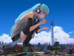 Rule 34 | 1girl, aqua eyes, aqua hair, bare shoulders, black footwear, black skirt, black thighhighs, blue necktie, blue sky, boots, building, city, cityscape, cloud, collared shirt, crane (machine), day, detached sleeves, full body, giant, giantess, guitar (guitars), hatsune miku, huge giantess, long hair, multicolored clothes, multicolored skirt, necktie, pleated skirt, real world location, scenery, shirt, short sleeves, skirt, sky, solo, squatting, sumida (tokyo), sweatdrop, thigh boots, thighhighs, time machine (vocaloid), tokyo (city), tokyo skytree, tower, twintails, very long hair, vocaloid, wide-eyed, zettai ryouiki