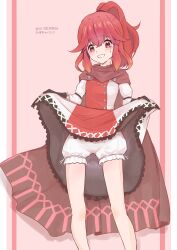 Rule 34 | 1girl, anna (fire emblem), anna (fire emblem engage), bloomers, blush, brown gloves, cape, clothes lift, cowboy shot, dated, dress, dress lift, fire emblem, fire emblem engage, gloves, highres, kazami doriru, long hair, long sleeves, nintendo, ponytail, red dress, red eyes, red hair, smile, solo, tears, teeth, two-tone dress, underwear, white bloomers, white dress