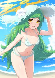 Rule 34 | 1girl, :d, bare arms, beach, big hair, bikini, blue sky, breasts, cloud, cowboy shot, day, flipped hair, flower, frilled bikini, frills, gabriel (monster strike), green hair, halo, hand on headwear, hand up, hat, hat flower, highres, leaning forward, light blush, lily (flower), long hair, looking at viewer, monster strike, multi-strapped bikini bottom, n2 (nitrogumi), navel, ocean, open mouth, outdoors, sky, small breasts, smile, solo, standing, straw hat, string bikini, sun hat, swept bangs, swimsuit, thigh gap, very long hair, white bikini, white flower, white hat, wristband, yellow eyes, yellow halo