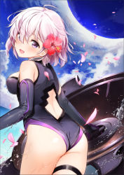 Rule 34 | 1girl, :d, ahoge, ass, back, back cutout, bare shoulders, black gloves, black one-piece swimsuit, blush, breasts, clothing cutout, cloud, cowboy shot, day, elbow gloves, fate/grand order, fate (series), flower, from behind, gloves, hair flower, hair ornament, hair over one eye, hibiscus, highres, holding, leaning forward, mash kyrielight, medium breasts, one-piece swimsuit, open mouth, outdoors, pink hair, purple eyes, shield, short hair, smile, solo, splashing, standing, swimsuit, tareme, thigh strap, thighs, umakuchi shouyu (into-rain), water, water drop