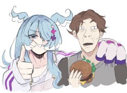 Rule 34 | &lt;|&gt; &lt;|&gt;, 1boy, 1girl, :3, black eyes, blue hair, blue wings, brown hair, burger, collarbone, commentary, cropped torso, crossover, dragon girl, elira pendora, elira pendora (1st costume), english commentary, food, hair ornament, hair over one eye, hand on another&#039;s shoulder, head wings, highres, holding, holding food, jerma985, jerma985 (person), long hair, long sleeves, looking at viewer, multicolored hair, nijisanji, nijisanji en, nostrils, off shoulder, one eye covered, open mouth, real life, simple background, sleeves past wrists, suspenders, sweater, swept bangs, thick eyebrows, unfamousradish, virtual youtuber, white background, white hair, white sweater, wings, x hair ornament