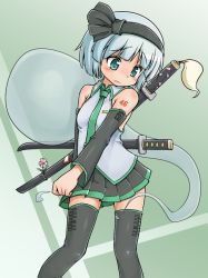 Rule 34 | 1girl, arm tattoo, bare shoulders, black hairband, black ribbon, black skirt, black thighhighs, blunt bangs, blush, bob cut, closed mouth, cosplay, cowboy shot, detached sleeves, embarrassed, floating, frown, ghost, green background, green necktie, grey shirt, hair ribbon, hairband, hatsune miku, hatsune miku (cosplay), hitodama, kabu (user wcnr7572), konpaku youmu, konpaku youmu (ghost), legs apart, long sleeves, looking down, necktie, number tattoo, pleated skirt, raised eyebrows, ribbon, sheath, sheathed, shirt, short hair, skirt, sleeveless, sleeveless shirt, solo, standing, sword, tareme, tattoo, thighhighs, touhou, two-tone background, vocaloid, wavy mouth, weapon, weapon on back, zettai ryouiki