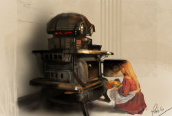 Rule 34 | 1girl, apron, blonde hair, cooking, dress, female focus, full body, kitchen, long hair, long sleeves, lowres, machinery, original, oven, pablo uchida, red dress, sitting, solo, very long hair