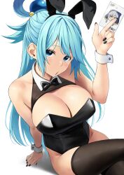 Rule 34 | 1girl, animal ears, aqua (konosuba), arm support, arm up, bare shoulders, black bow, black bowtie, black leotard, black nails, black thighhighs, blue eyes, blue hair, blush, bow, bowtie, breasts, card, character print, cleavage, collarbone, commentary, commentary request, crossed legs, detached collar, earrings, english commentary, eris (konosuba), fake animal ears, hair ornament, highleg, highleg leotard, highres, holding, holding card, izawa (bhive003), jewelry, kono subarashii sekai ni shukufuku wo!, large breasts, leotard, long hair, looking at viewer, mixed-language commentary, nail polish, paid reward available, playboy bunny, playing card, rabbit ears, simple background, single hair ring, sitting, solo, strapless, strapless leotard, thighhighs, thighs, very long hair, white background, white wrist cuffs, wrist cuffs